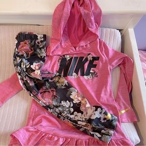Nike toddler girl Pink Floral Dry Fit matching pants & pull over hooded shirt